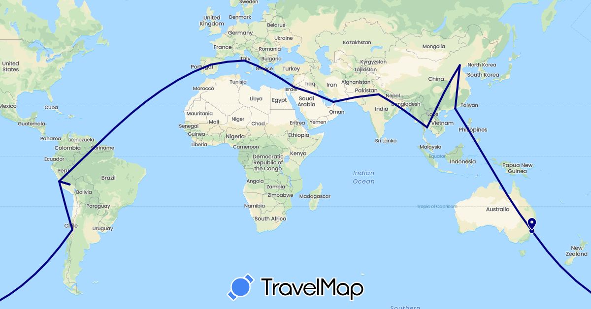 TravelMap itinerary: driving in United Arab Emirates, Australia, Chile, China, Spain, India, Italy, Jordan, Peru, Thailand (Asia, Europe, Oceania, South America)